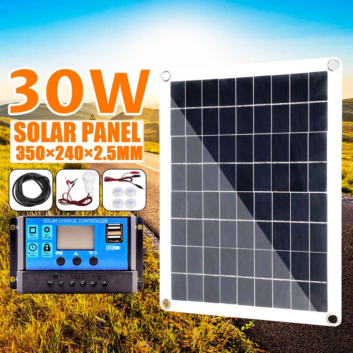 

30W Dual USB 18V Solar Panel with 3W LED Lamp + 10A USB Solar Regulator Charger Controller for Car Outdoor Camping Light