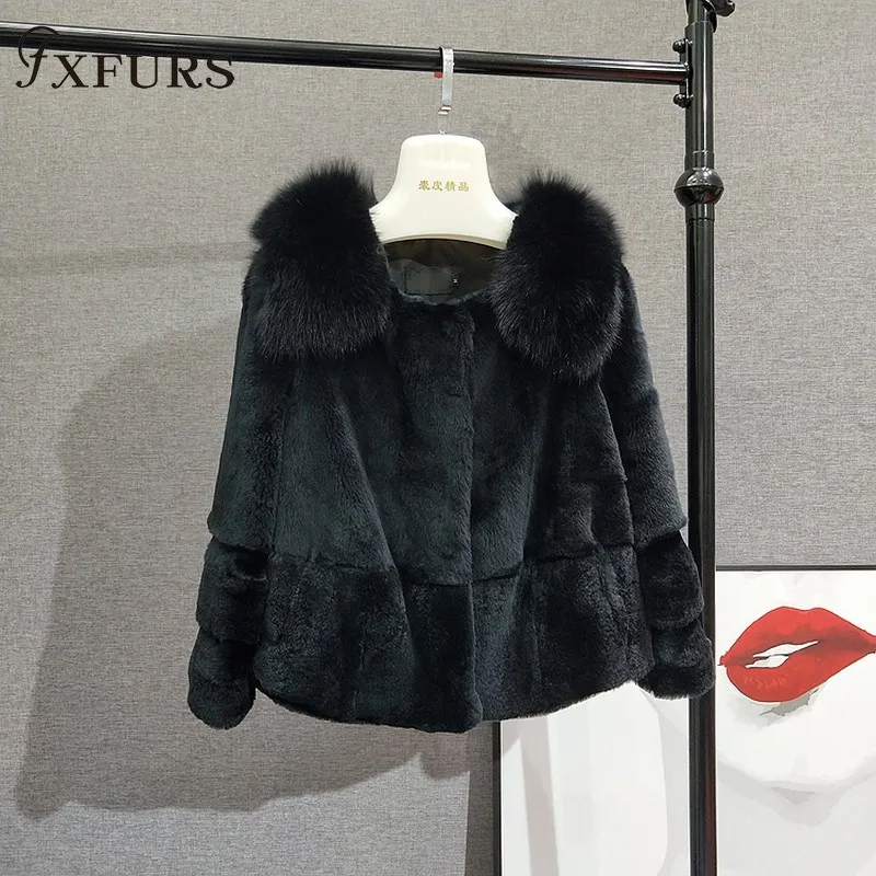 Новые женские зимние куртки из кроличьего меха короткие женские помпон из натурального меха пальто с лисьим мехом воротники вся кожа меховая одежда верхняя одежда - Цвет: Черный