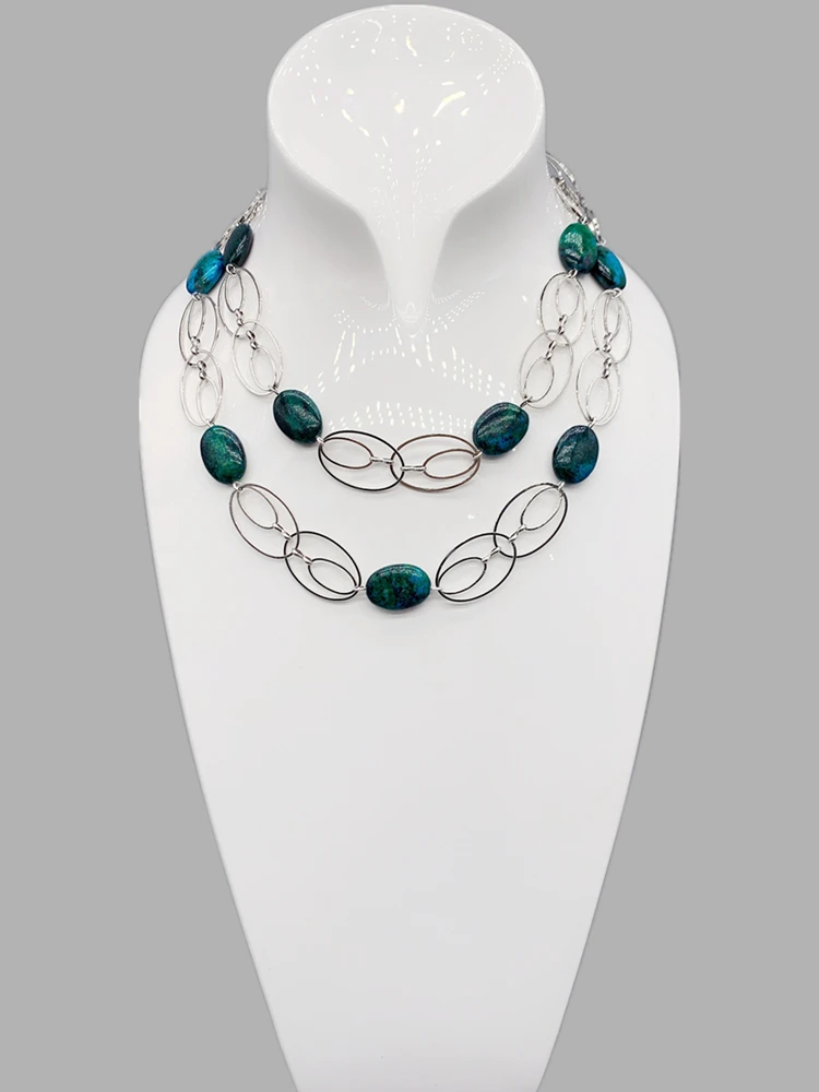 FoLisaUnique Silver Oval Loop Chains Green Azurite Long Necklace For Women Trendy Jewelry