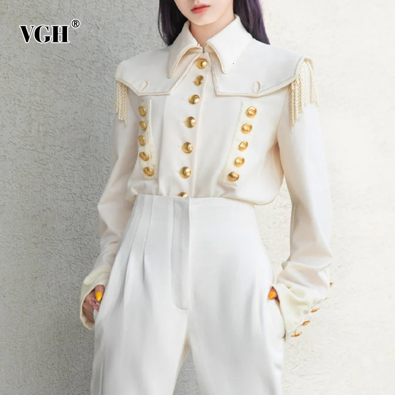 VGH Vintage Patchwork Tassel Women's Shirts Lapel Collar Long Sleeve Rivets Loose Casual Blouse Female Autumn Fashion New