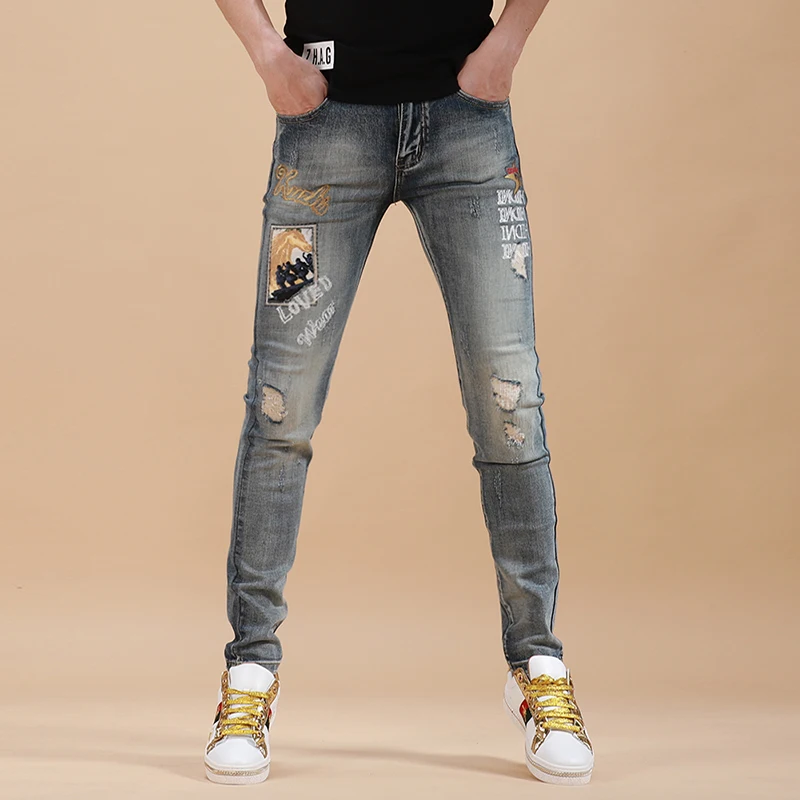 Men Ripped Jeans Fashion Embroidery Light Blue Stretch Denim Trousers Streetwear Straight Slim Fit Pants