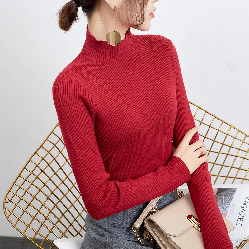 autumn and winter new knit bottoming sweater slim temperament sweater female half high collar sexy fashion pullover