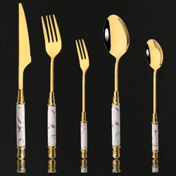 Gold Ceramic Tableware Tea Fork Spoon Knife Set Vintage Flatware Cutlery Set Stainless Steel Dinner Dinnerware Silverware Set