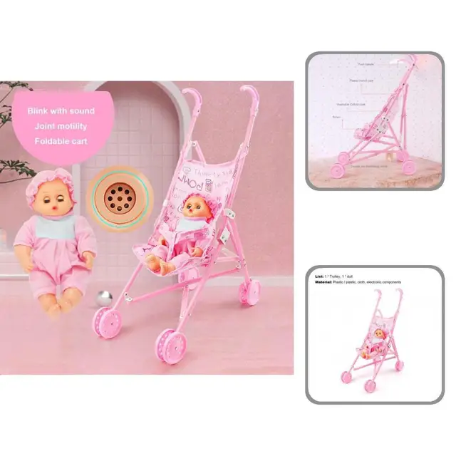 1 Set High-quality Kids Doll Pushchair with Baby Doll Baby Cart Toy Smooth Edges  Easy-Fold 1