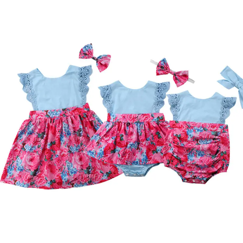

2020 new Spring Summer Cute Sister Matching Clothes Kids Baby Girls Lace Flower Romper headband Outfit Set