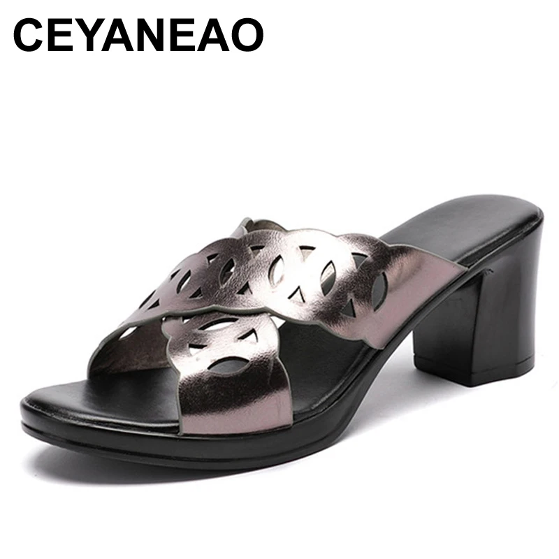 

Сандалии CEYANEAO2020 женские уличные, кожаные туфли без задника, на среднем каблуке, сланцы, однотонные выразительные, лето