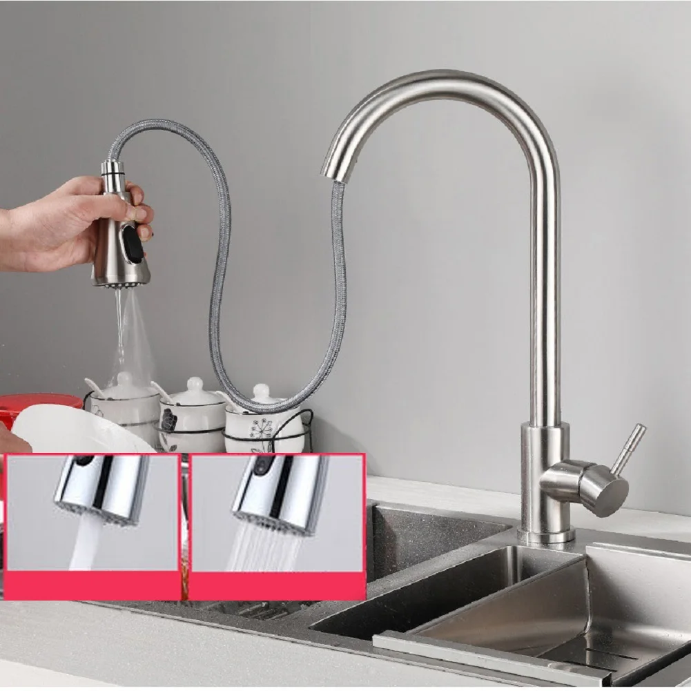 

1 X Flexible Kitchen Sink Faucet Pull Out Swivel Spout Mixer Tap Brushed 1-Hole