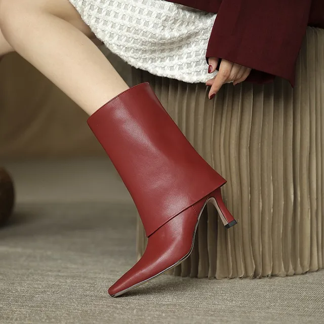 Botas de media caña con punta en pico para mujer, zapatos de cuero Real,  tacón alto, Chelsea, largos, occidentales, 4 colores, nuevo 2022|Botas  hasta la rodilla| - AliExpress