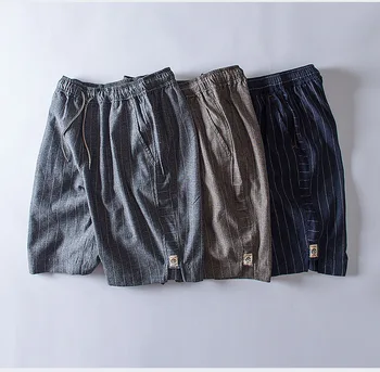 

Knee Length Cotton Shorts Men Korea Style Striped Men's Linen Casual Classic Fit Summer Beach Short Homme Elastic Waist Pockets