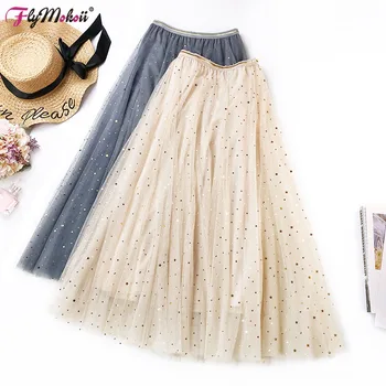 

Spring Slim Elastic High Waist Maxi Tulle Skirts A-line Womens Plus Size Pink Elegant Starry Fairy Long Mesh Pleated Skirt