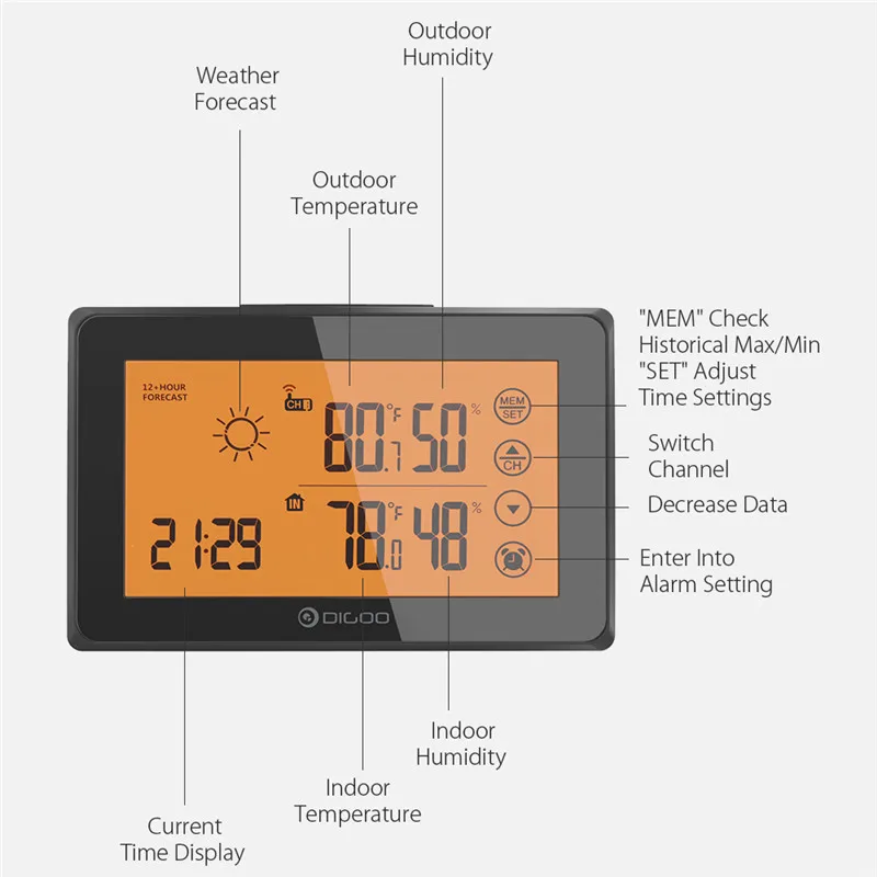 DIGOO DG-TH0340 Weather Station LCD Digital Temperature Humidity Meter Home Indoor Outdoor Hygrometer Thermometer Alarm Clock