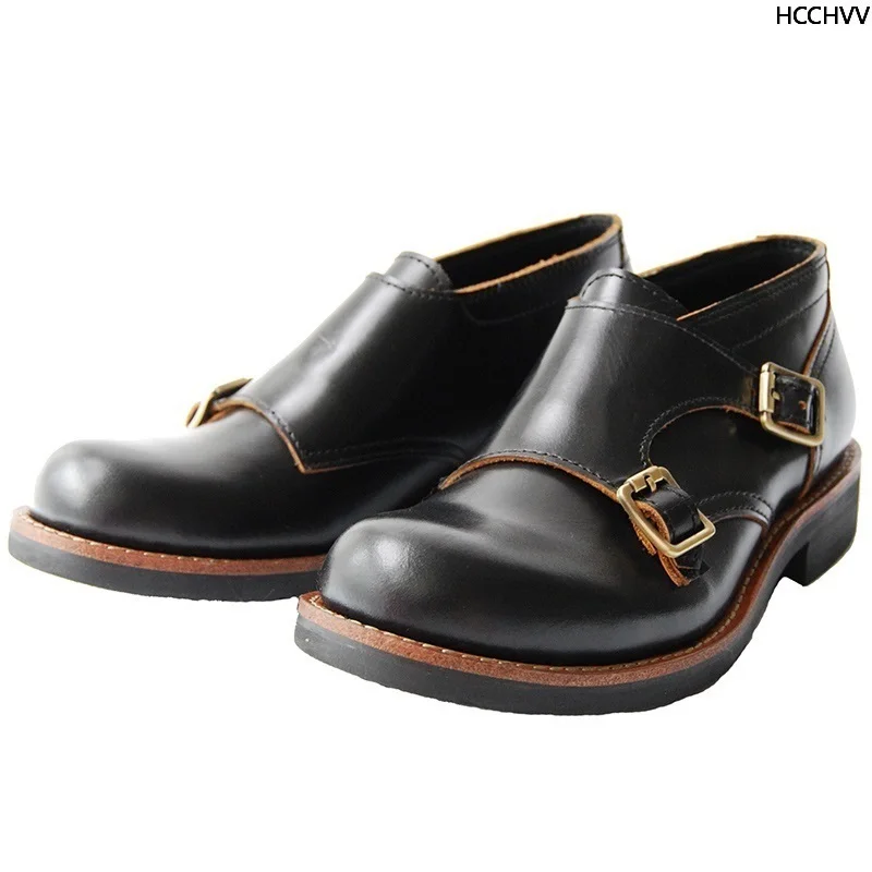 

Men Goodyear boots craftsmanship double-buckled Monk Strap shoes Retro Tea core leather fashionable round-headed leather shoes
