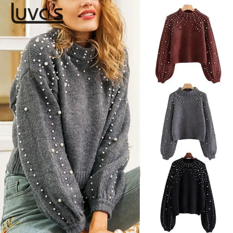 

Autumn Winter Women Sweaters Pullovers Bead Lantern Sleeve Knitted Sweater Pullover Female Loose Jumpers 3 Colors Size S//M/L
