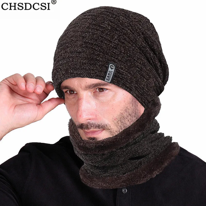 CHSDCSI с флисовой подкладкой зимние Шапки для Для мужчин Skullies теплая шапка бини Для женщин вязаная шапка; шарф комплект Высокое качество шапки бини шапки капот