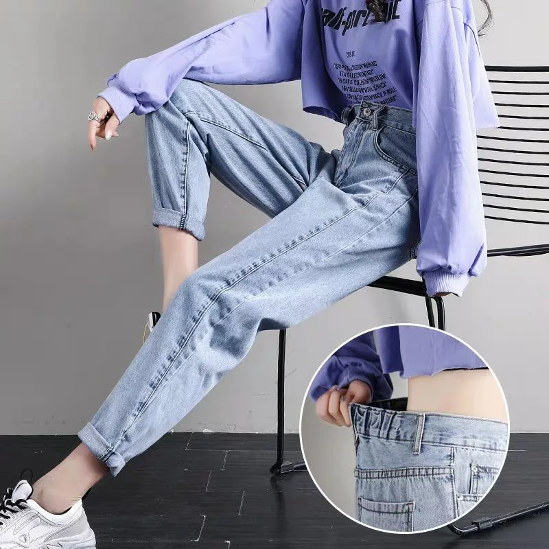 

Mom Light Blue Plus Size Denim Pants Women Loose Casual HarLan Jeans 2020 Female Elastic High waist Large Ankle-length trousers