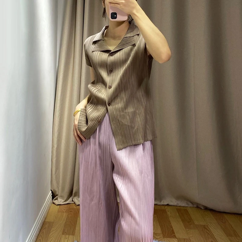 Летний плиссированный женский топ Miyake, базовые плиссированные топы, одноцветная однобортная рубашка с коротким рукавом