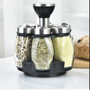 

304 Stainless Steel Glass Rotating Seasoning Box Kitchen Supplies Storage Seasoning Spice Pepper ShakersGlass Jar Combination
