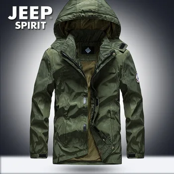 

JEEP SPIRIT Military Jacket Men Casual Hooded Collar Mesh Liner Coat Men Plus Size M-4XL Outerwear Summer Jacket