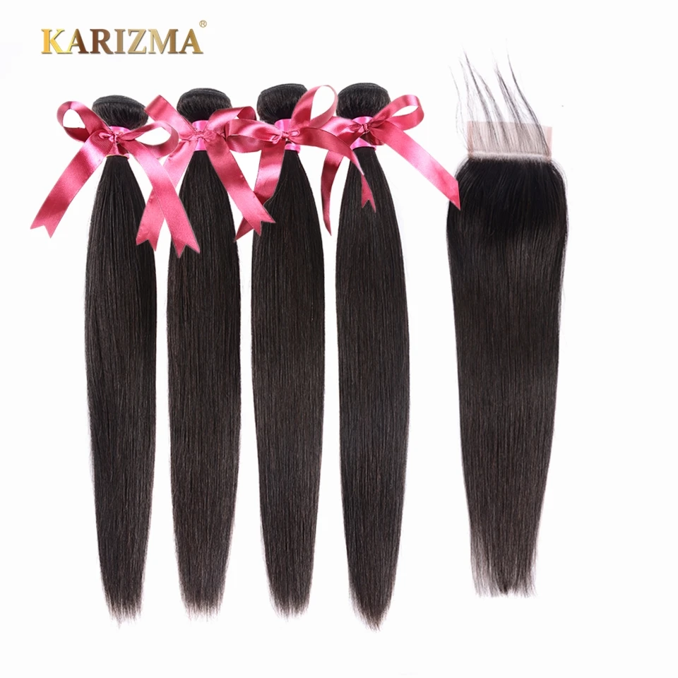 

Karizma peruvian straight hair 4 bundles with closure free part 100% human hair weave non remy hair extensions free shipping