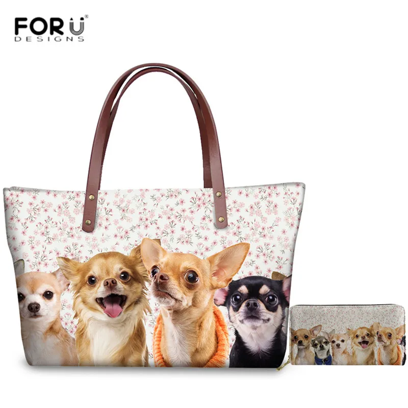

FORUDESIGNS Kawaii Chihuahua Pattern Zipper Handbags High Quality Tote Messenger Bags for Women Leisure 2pcs/set Shoulder Bags