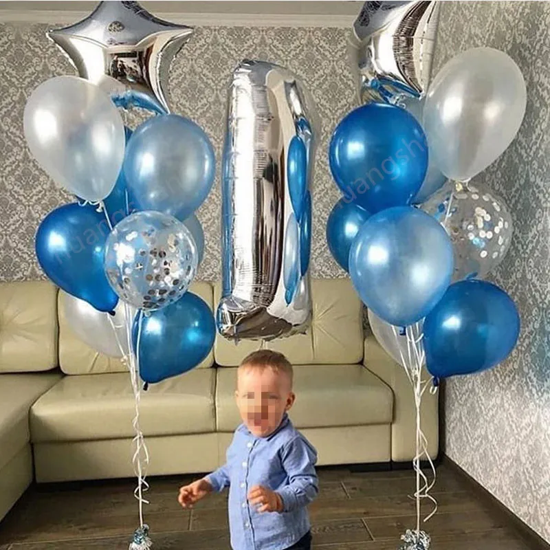 1 Juego de globos de feliz cumpleaños para bebé de 1 año, decoración para  fiesta de baby shower, globos plateados, Número 1, Azul, Blanco, látex -  AliExpress Hogar y jardín