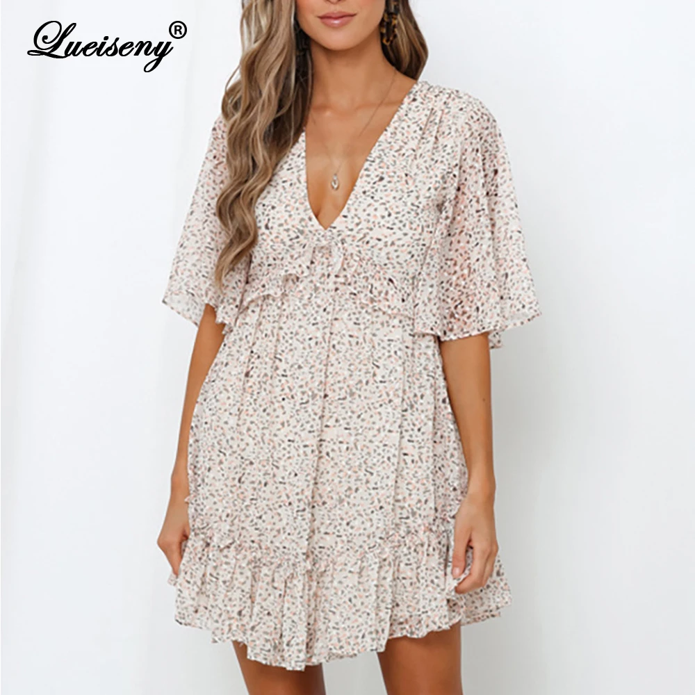 

LUEISENY Sexy Mini Dress Summer Hollow Out Boho Beach Dresses Women Deep V Neck Short Sleeve Ruffle Chiffon Vestidos Female