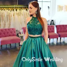 Холтер Длинные Выпускные платья из двух частей атласное зеленое платье выпускного вечера с длинным рукавом Формальное вечернее платье vestidos de fiesta largos elegantes de gala