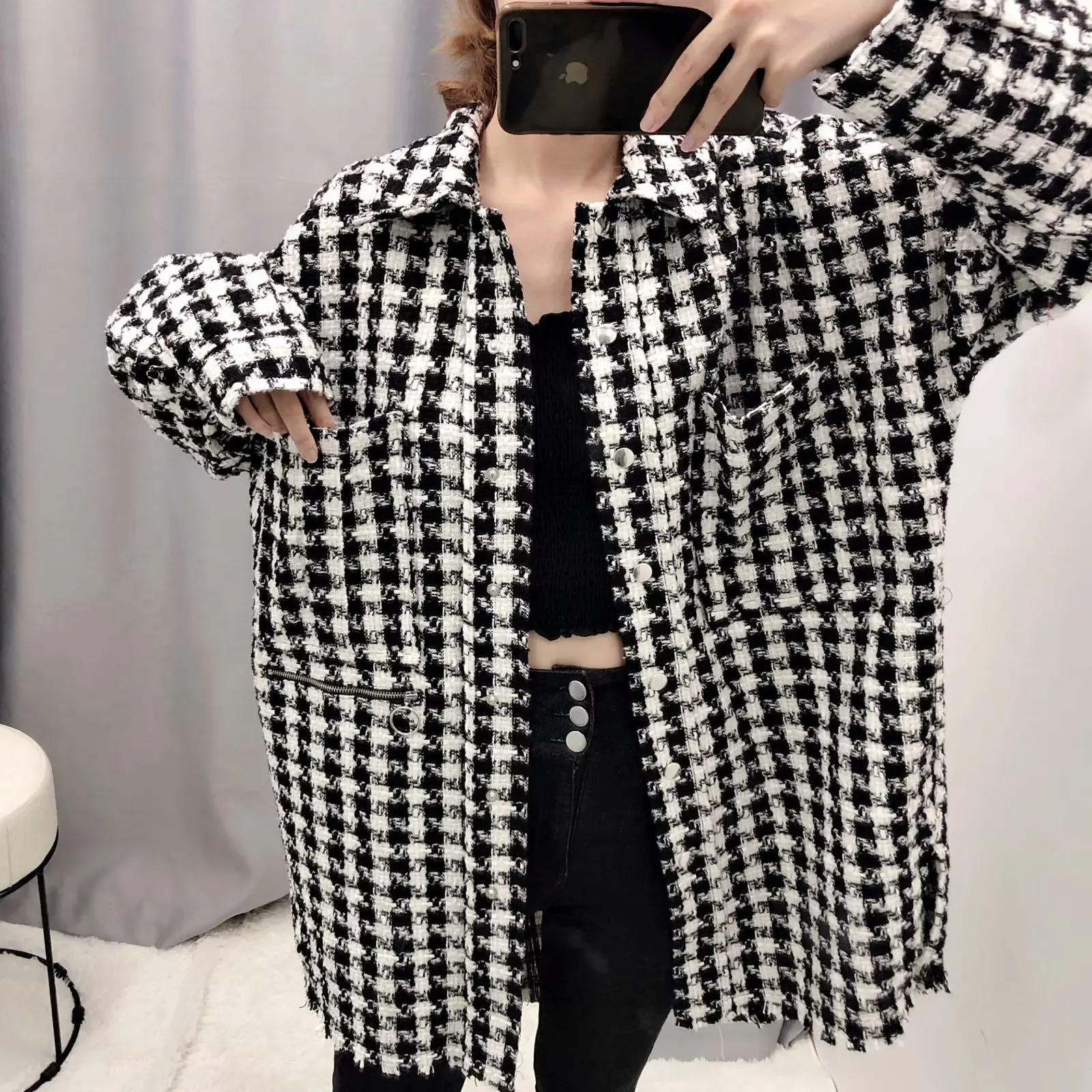 

D6bb-9618 Europe And America WOMEN'S Dress 2019 Spring And Autumn New Style Fold-down Collar Tweed Pattern Jacket