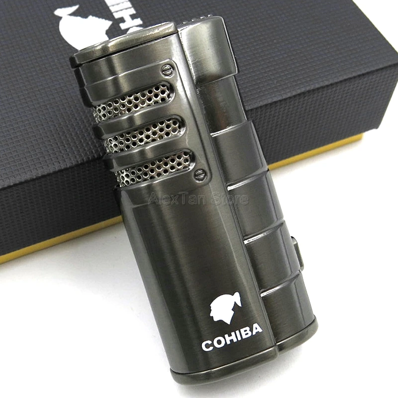COHIBA курительный гаджет, металлическая ветрозащитная сигарная зажигалка, 3 фонарь, струйный огонь, многоразовая зажигалка, подарочная коробка