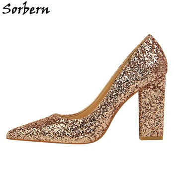 

Sorbern Glitter Block Heel Women Pump Shoes High Heel Pointed Toe Plus Size Slip On Shoes Custom Colors Pump Shoes Big Size 10
