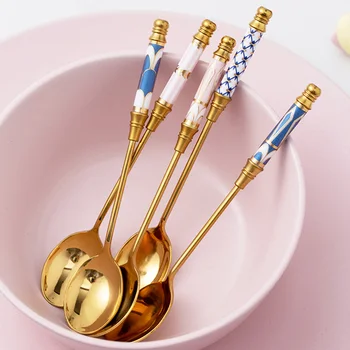 

Stainless Steel Dinner Fork Ceramic Handle Dessert Tableware Korean Creative Spoon Cutlery Customizable Dinnerware 5pcs/set