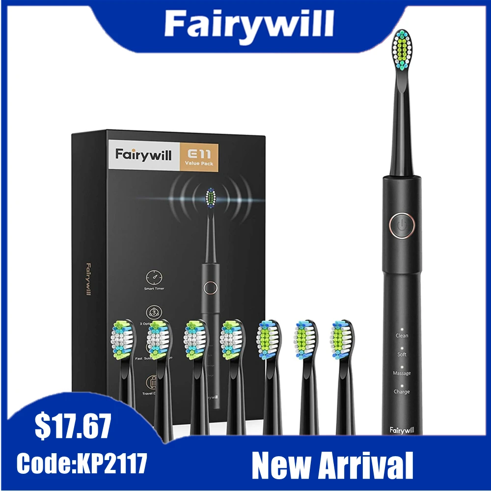 Зубная щетка Fairywill E11 электрическая звуковая с зарядкой от USB и 8 сменными насадками|Электрические зубные