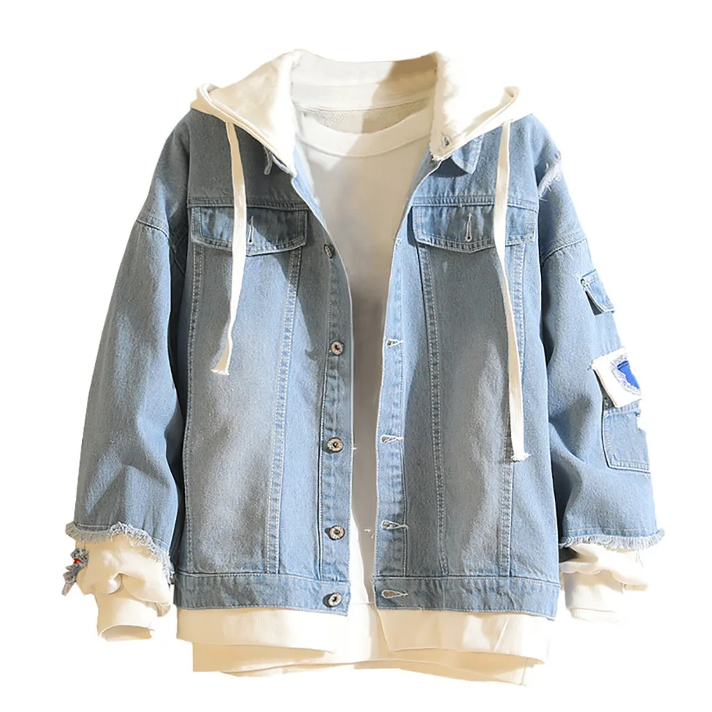 Light Blue Джинсовая куртка для мужчин, осенняя свободная повседневная мужская осенне-зимняя повседневная ВИНТАЖНАЯ ДЖИНСОВАЯ КУРТКА с потертостями, пальто, верхняя блузка, парки - Цвет: Light Blue
