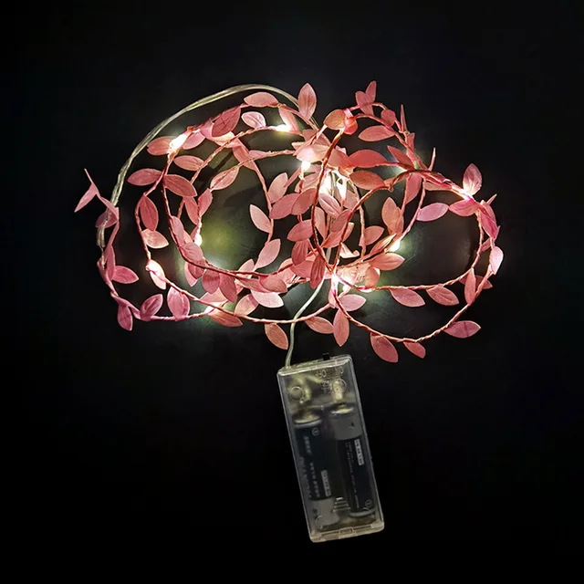 2M 20LED Green Leaf Garland  Fairy LED String Lights Artificial Leaf Vine for Christmas Home Wedding Birthday Party Decorations pink