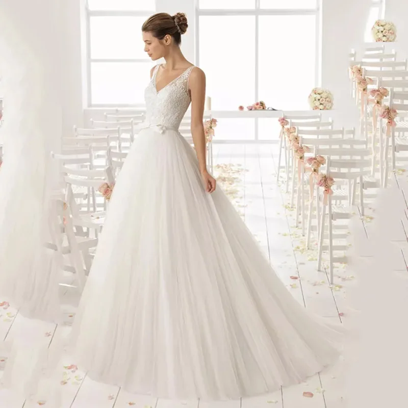 

Eightree Vintage Tulle Wedding Dress A line Sleeveless Robe de mariee Bow Belt Appliques Bridal Dress Backless Wedding Gowns