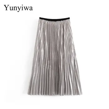 

2020 New Women Elastic Waist Hot Silver Pleated Skirt Faldas Mujer Ladie Casual Metallic Color Chic Brand Skirts
