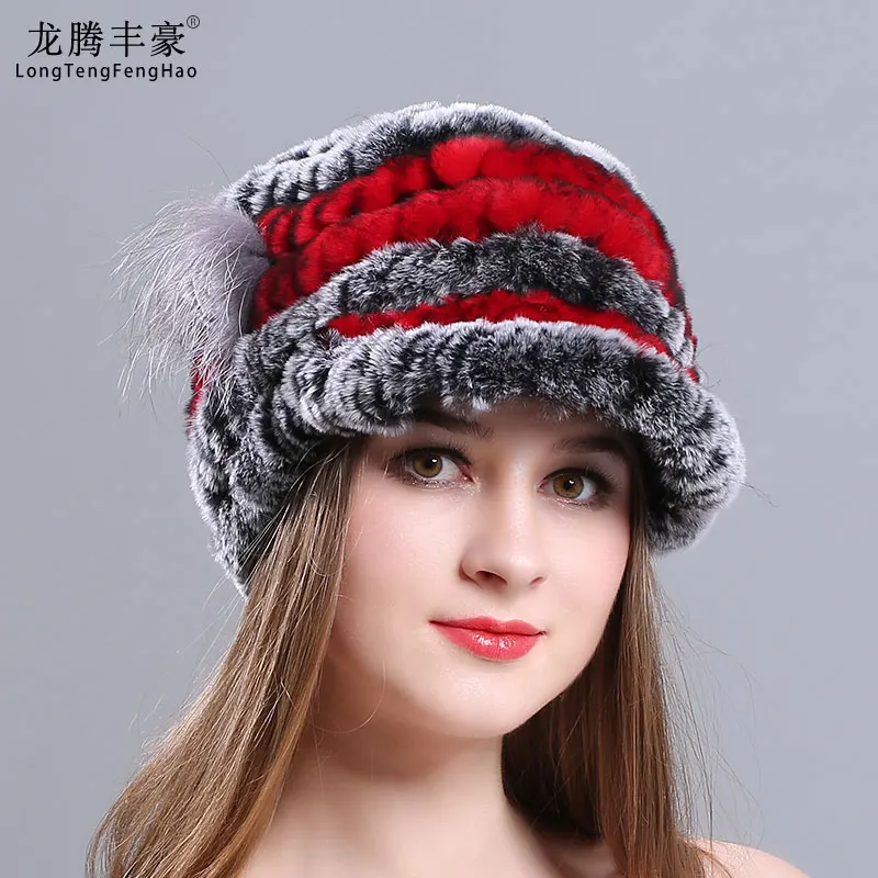 

Winter Rex Rabbit Fur Hat For Women With Lateral Flowers Top Knitted Beanies Fur Hat New Brand Causal Good Quality Caps