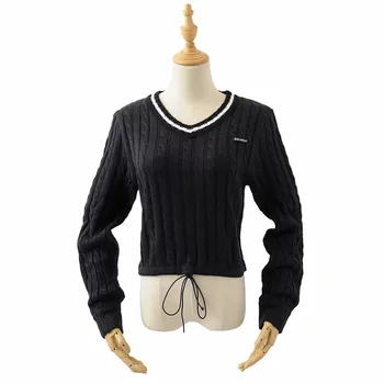 

Europe And America 2019 Autumn And Winter New Style Four Colors V-neck Stripes Joint College Style Drawstring Short Loose-Fit Pu
