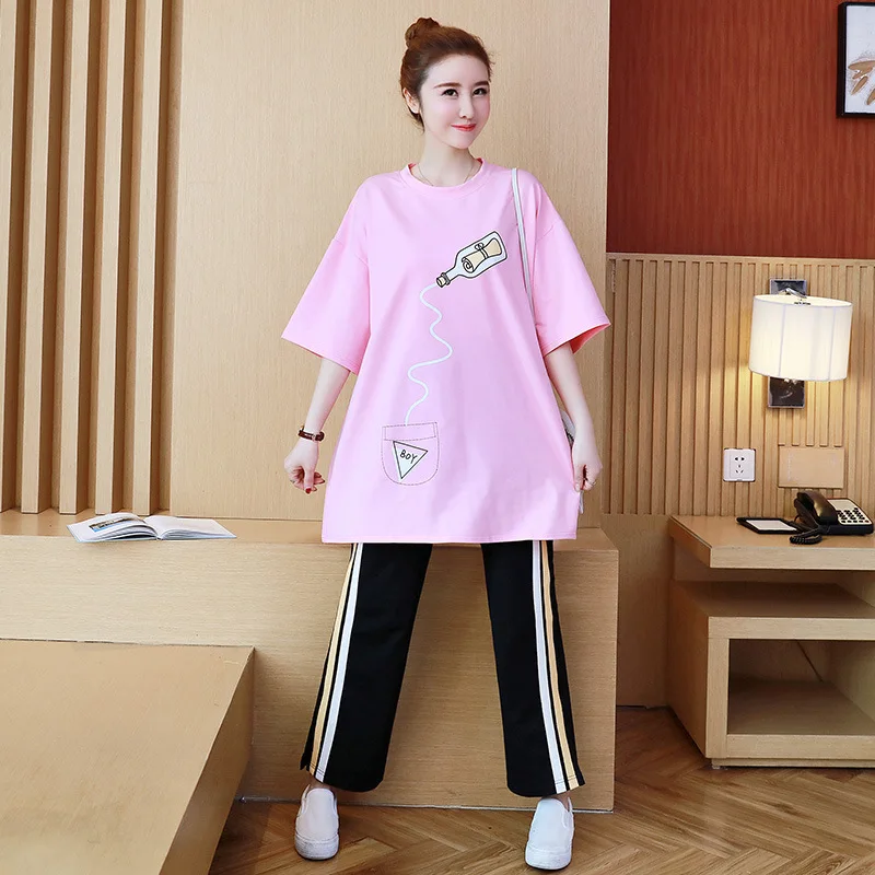 

Spring And Summer Korean-style Large Size Maternity Clothes 200 Summer Wear Fat Mm Fashion Models Pregnancy Fashion Mom Two-Piec