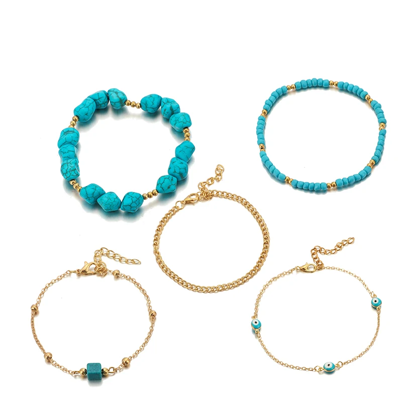 Tocona Boho 5 шт./компл. Натуральный камень Сандалеты с перепонкой на лодыжке для Для женщин бисером глаза в виде геометрических фигур средства ухода за кожей стоп Браслеты пляж ювелирные изделия аксессуары A03503 - Окраска металла: A03503