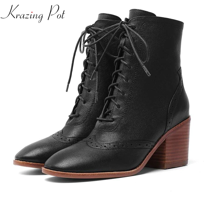 

krazing pot new Korean cow leather lace up thick high heels limited customization carving round toe keep warm mid-calf boots l66