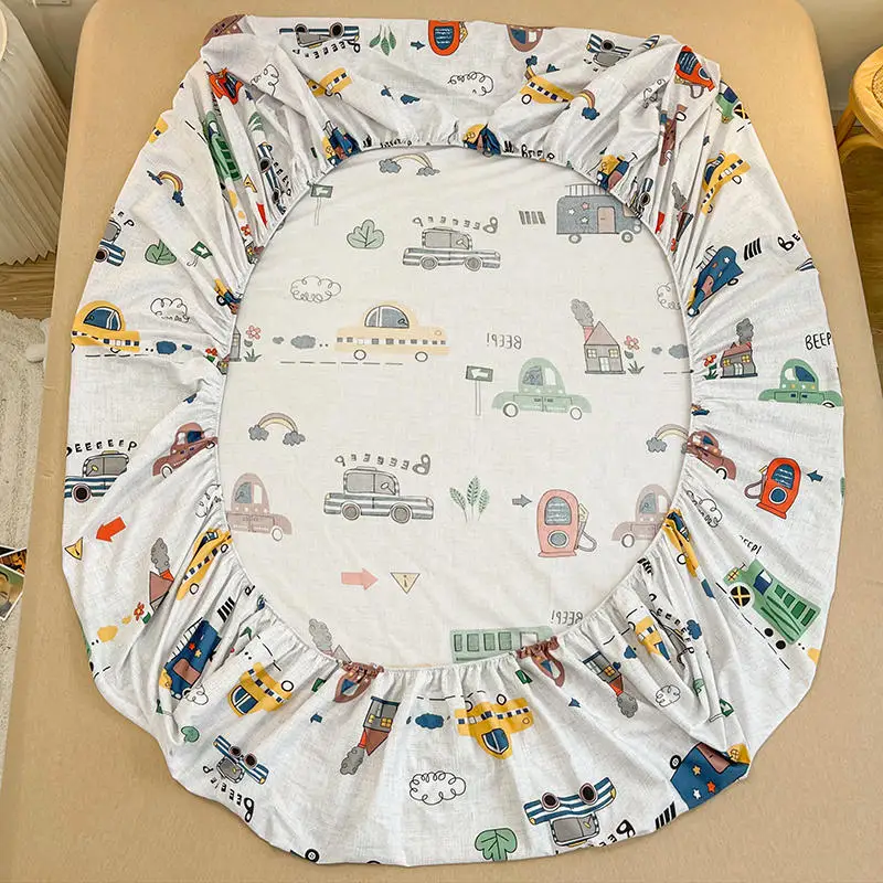 Bonenjoy 1pc Pure Cotton Fitted Bed Sheet With Elastic Cartoon Car Print Bed Cover Single Queen Size Bottom Sheet(No Pillowcase) 5