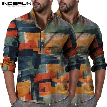 

INCERUN Fashion Men Chic Printed Long Sleeve Stand Collar Casual Shirt Retro Baggy Joker Comfort Cotton Mens Blouse Streetwear