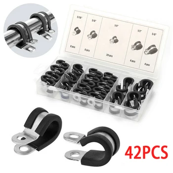 

42pcs Multi-use Galvanized Iron Rubber Lined P Clip Wiring Hose Clamp Pipe Cable Clip for Industrial Automotive Application
