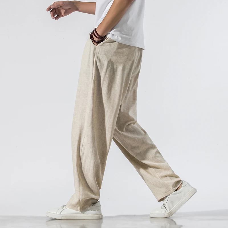 Men's Summer Casual Natural Cotton Linen Elastic Waist Straight Loose Long Pants 