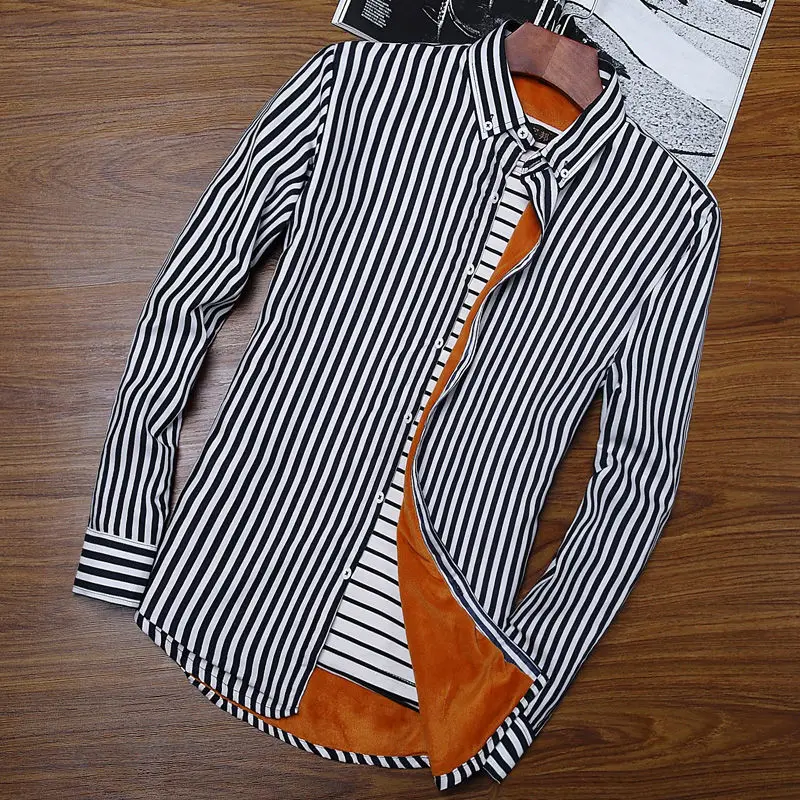 stripe 03 4XL 5XL большой размер мужская деловая Повседневная клетчатая рубашка с длинными рукавами бархатная Толстая Теплая мужская деловая платье-рубашка в полоску плюс - Цвет: stripe 03