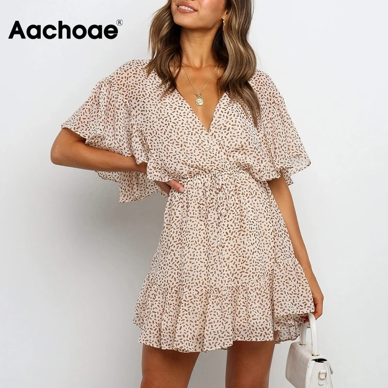 Aachoae Women Boho Printed Chiffon Mini Dress Summer V Neck Ruffled Sexy Beach Dresses A Line Short Sleeve Holiday Casual Dress Aachoae Women Boho Printed Chiffon Mini Dress Summer V Neck Ruffled Sexy Beach Dresses A Line Short Sleeve Holiday Casual Dress