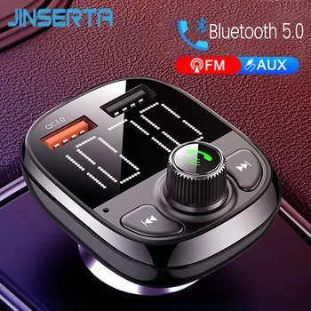 

JINSERTA Upgraded V5.0 Bluetooth FM Transmitter Radio Adapter Car Handsfree Call 2 USB Ports & QC3.0 Fast Charger FM Transmitter