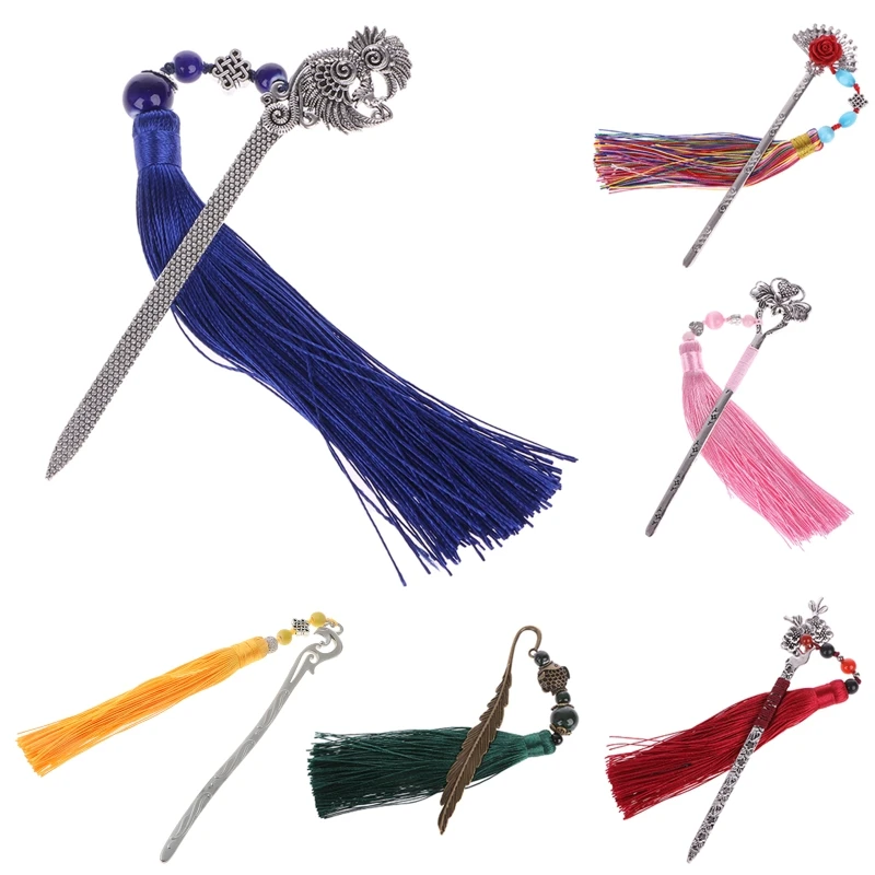 Chinese Style Vintage Antique Metal Bookmark Handmade Weave Long Tassel Beads Traditional Book Mark School Office Supplies