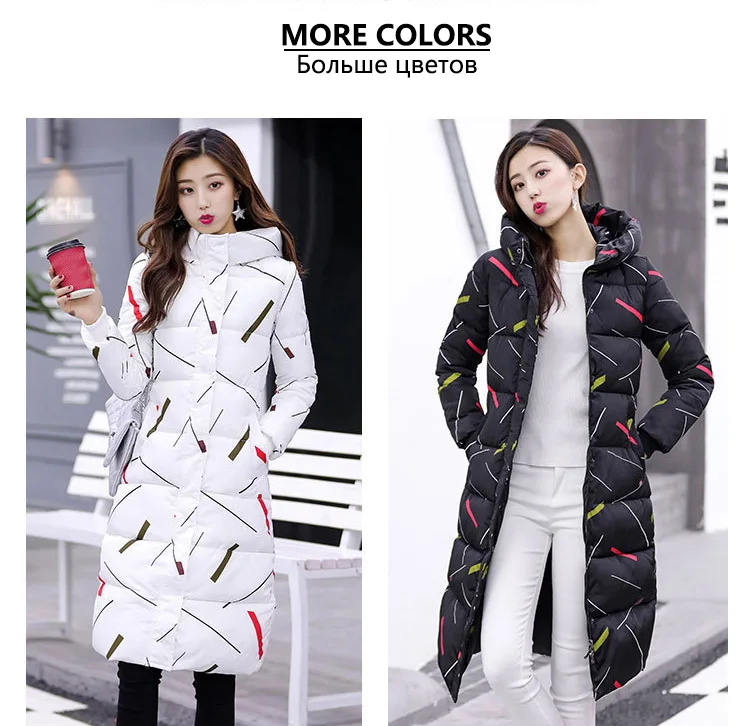 Winter Jacket Coat Women Hooded Cotton Padded Long Parkas New Women Coat Warm Slim Fit Printed Women Jacket